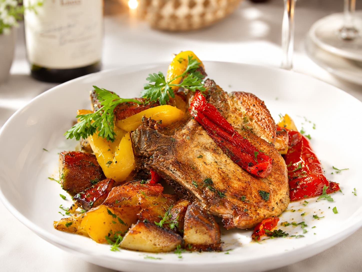 A bone-in chop seared golden, plated with wide strips of roasted red pepper, chunks of yellow pepper and browned potato wedges, parsley on top.