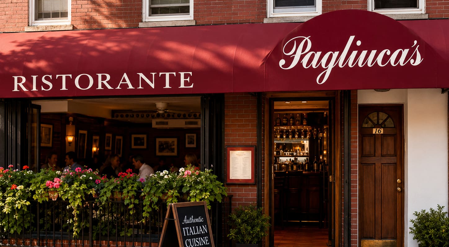 Pagliuca’s from Parmenter Street — a deep red awning lettered RISTORANTE and Pagliuca’s over a brick front, geraniums in the window boxes, diners at tables inside the open window, and the lit bar visible through the doorway at number 16.